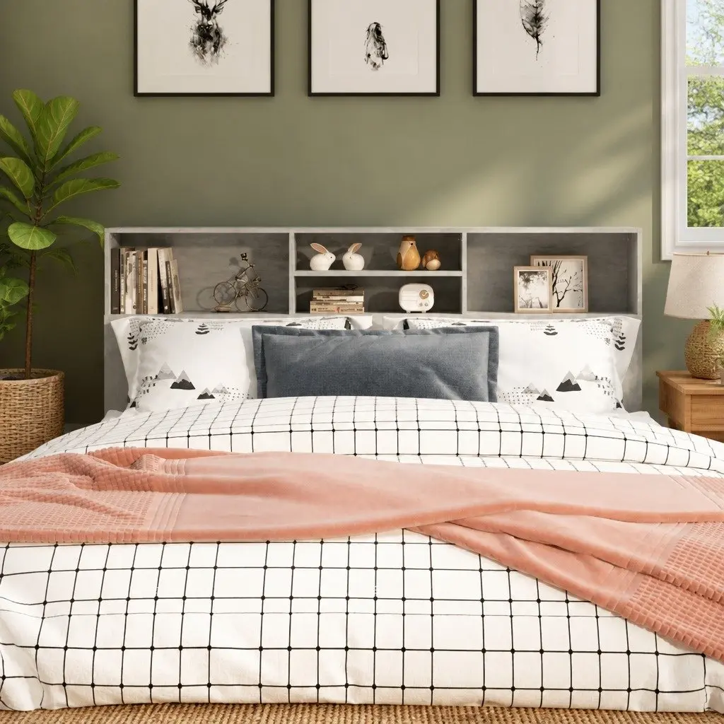 Headboard Cabinet Bed Bookcase Storage 180cm Grey
