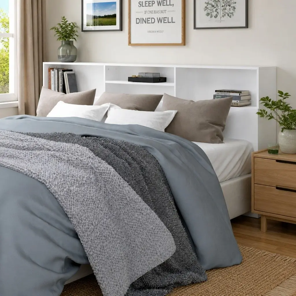 Headboard Cabinet Storage 220 cm White Wall Mounted Bedroom Furniture
