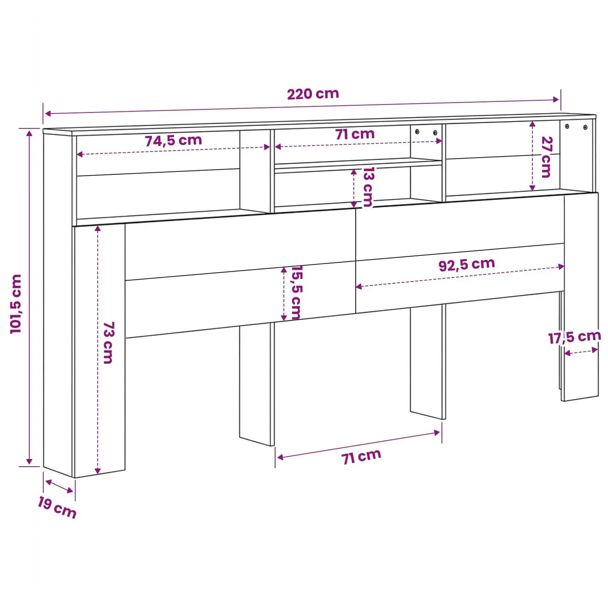 Headboard Cabinet Storage 220 cm White Wall Mounted Bedroom Furniture