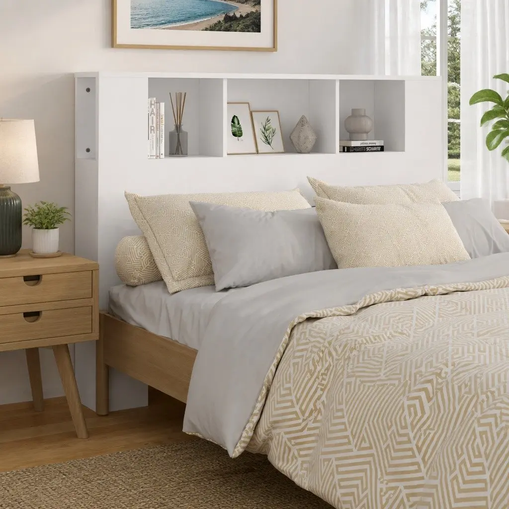 Headboard Cabinet Storage 140cm Wall Mount White