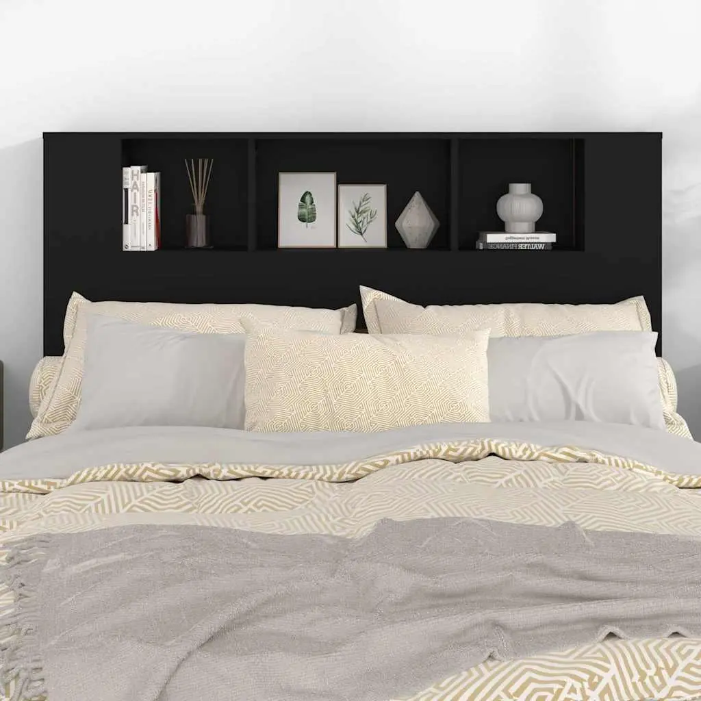 Headboard Cabinet Black 140cm Wall-Mounted Bedroom Storage Bookcase with 5
