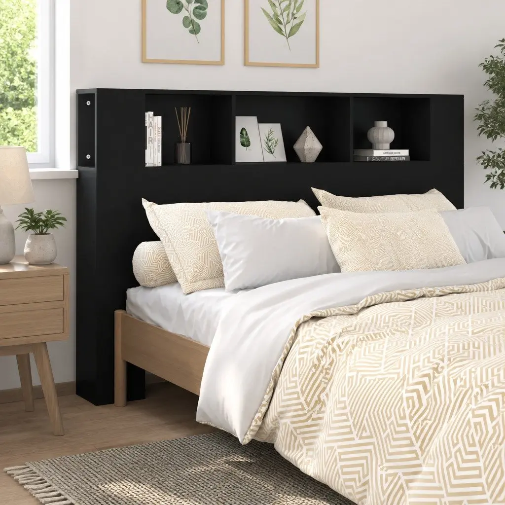 Headboard Cabinet Black 160cm Wall-Mounted Bedroom Storage Bookcase