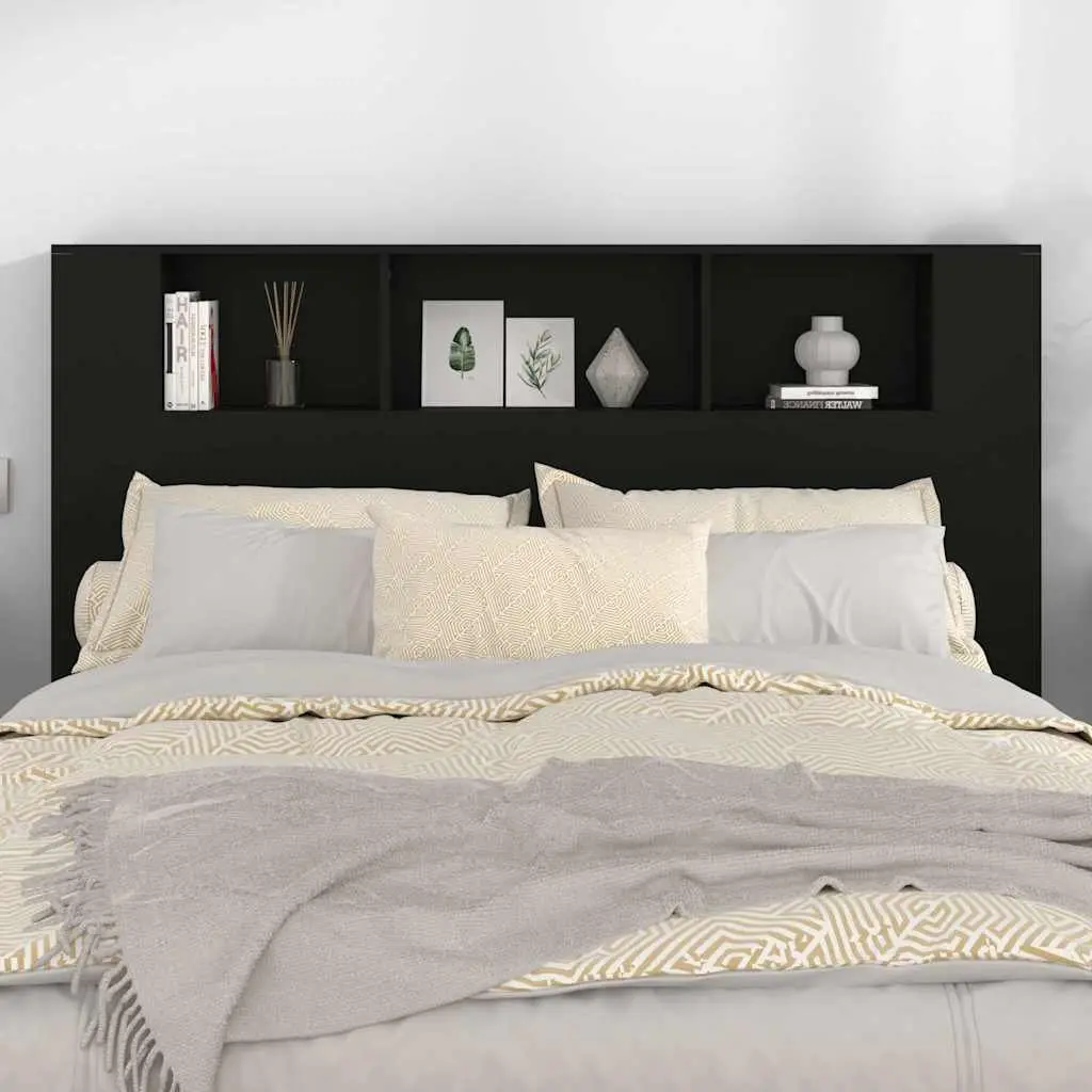 Headboard Cabinet Black 160cm Wall-Mounted Bedroom Storage Bookcase