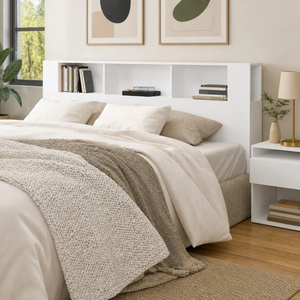 Headboard Cabinet Storage Organiser 200cm White Bedroom Furniture Unit