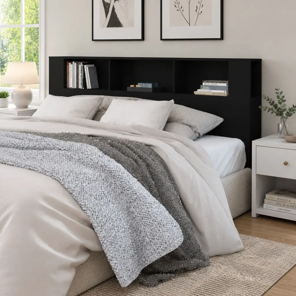 Headboard Cabinet Storage Wall-Mount 200cm Black