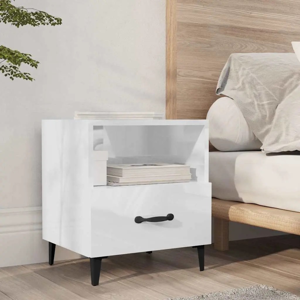 Bedside Cabinets 2 pcs Storage Nightstand 1 Drawer 1 Shelf High Gloss White Engineered Wood