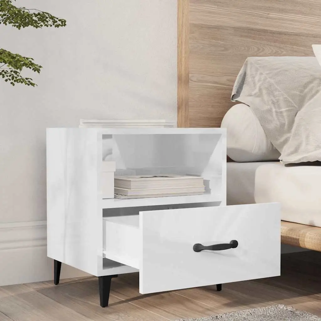 Bedside Cabinets 2 pcs Storage Nightstand 1 Drawer 1 Shelf High Gloss White Engineered Wood