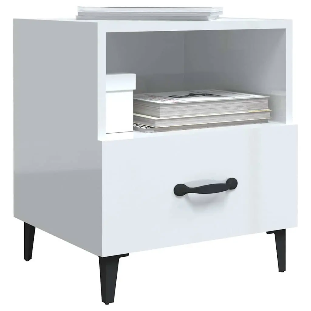 Bedside Cabinets 2 pcs Storage Nightstand 1 Drawer 1 Shelf High Gloss White Engineered Wood