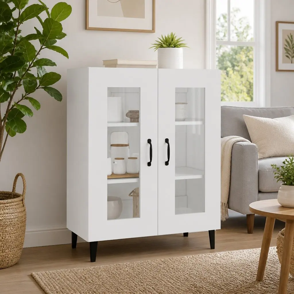 Sideboard Cabinet Storage Buffet 69.5 x 34 x 90 cm White Engineered Wood with Glass Doors