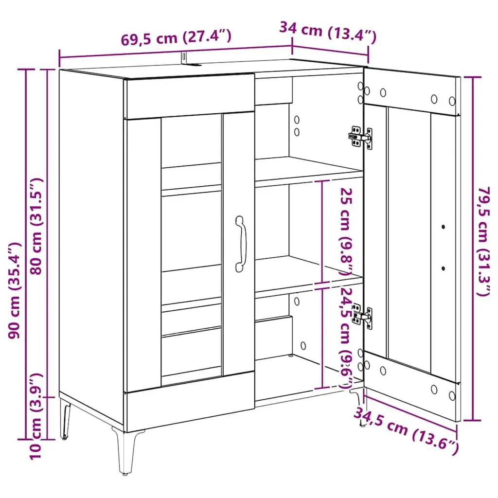 Sideboard Cabinet Storage Buffet 69.5 x 34 x 90 cm White Engineered Wood with Glass Doors