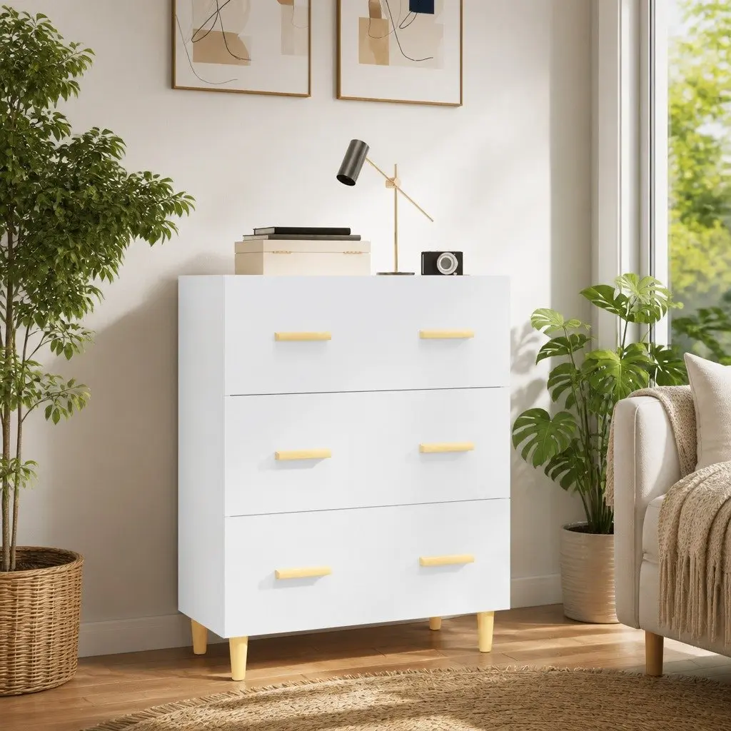 Sideboard Storage Cabinet 70x34x90cm High Gloss White with 3 Drawers