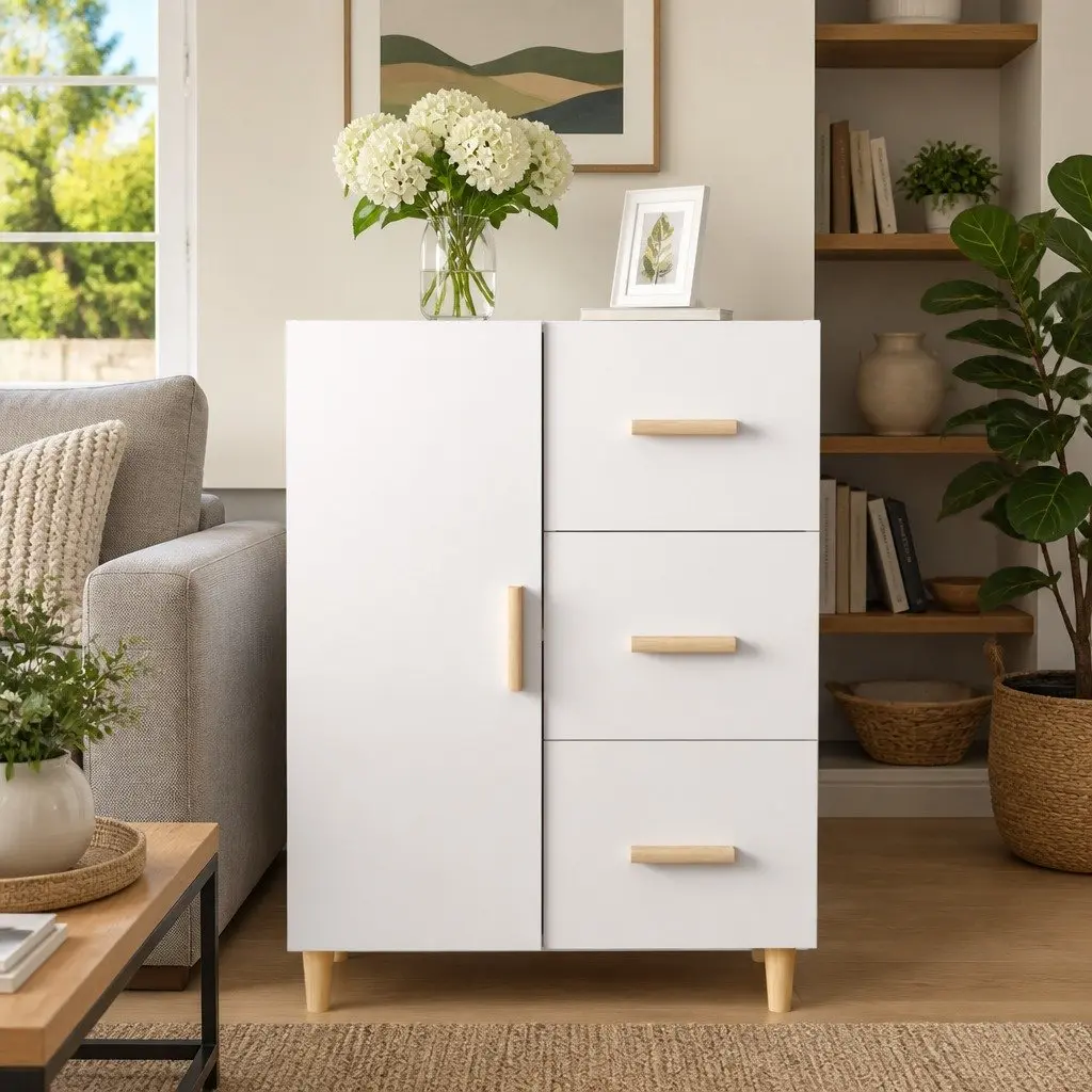 Sideboard White High Gloss Storage Cabinet 3 Drawers Engineered Wood 69.5W x 34D x 90H cm
