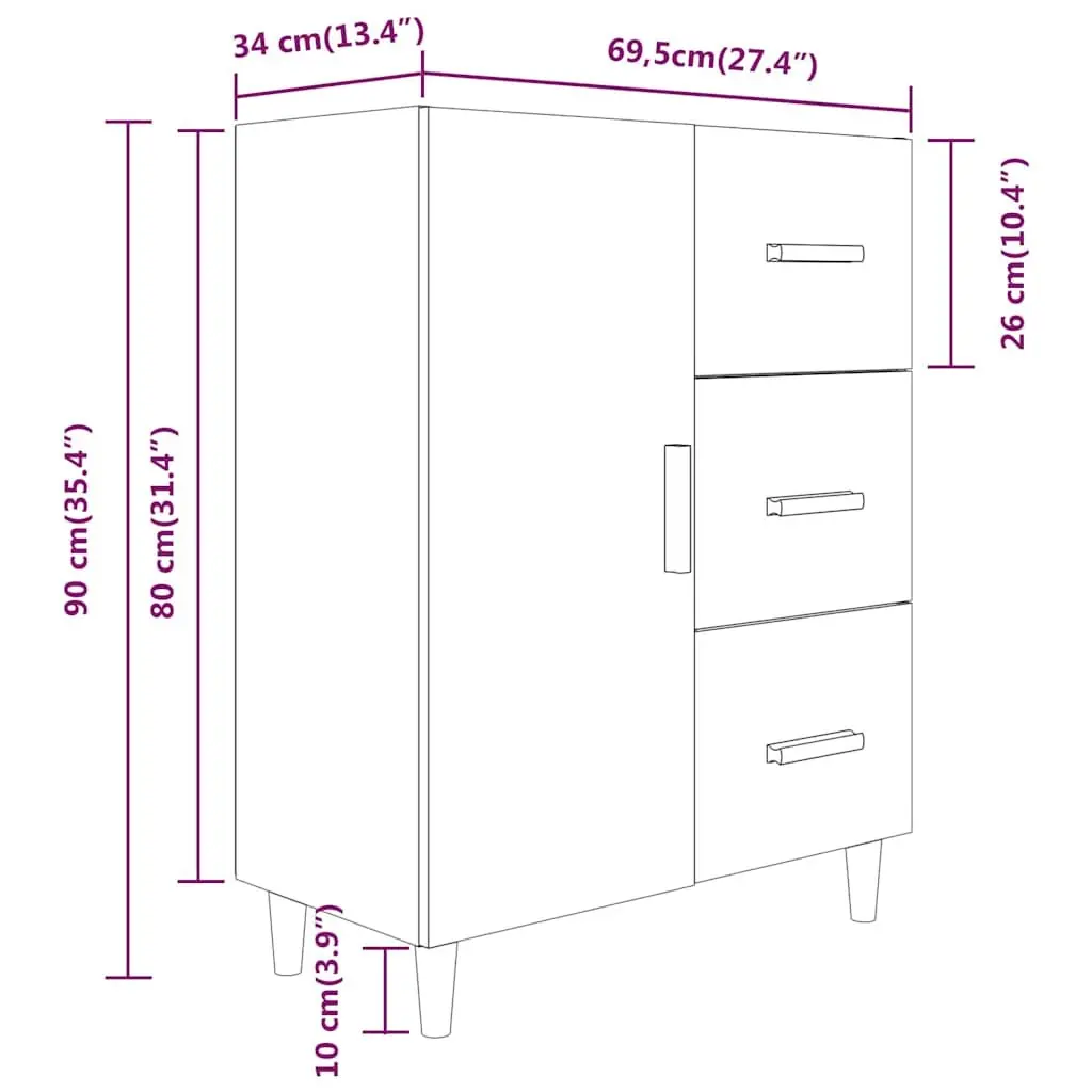 Sideboard White High Gloss Storage Cabinet 3 Drawers Engineered Wood 69.5W x 34D x 90H cm