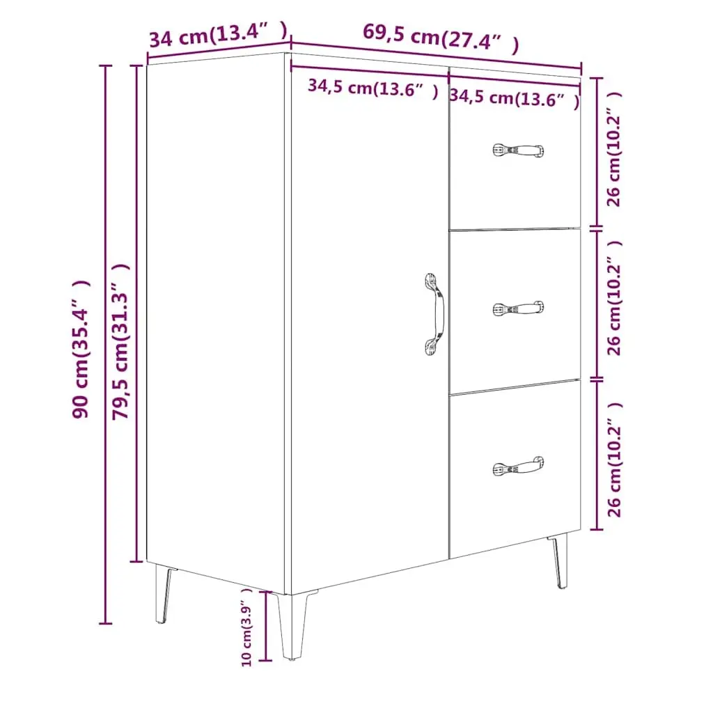 Sideboard Storage Cabinet High Gloss White 1 Door 3 Drawers