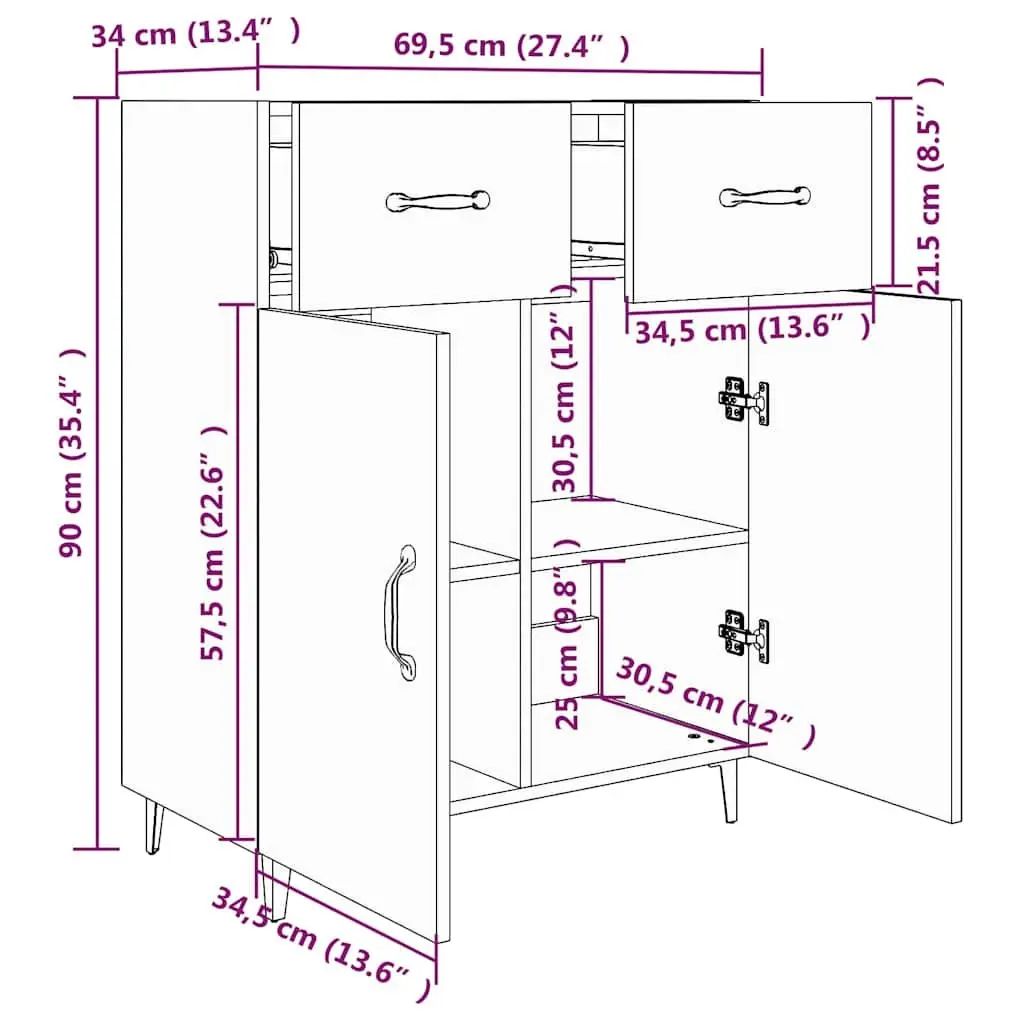 Sideboard Storage Cabinet High Gloss White 69.5x34x90cm 2 Doors 2 Drawers
