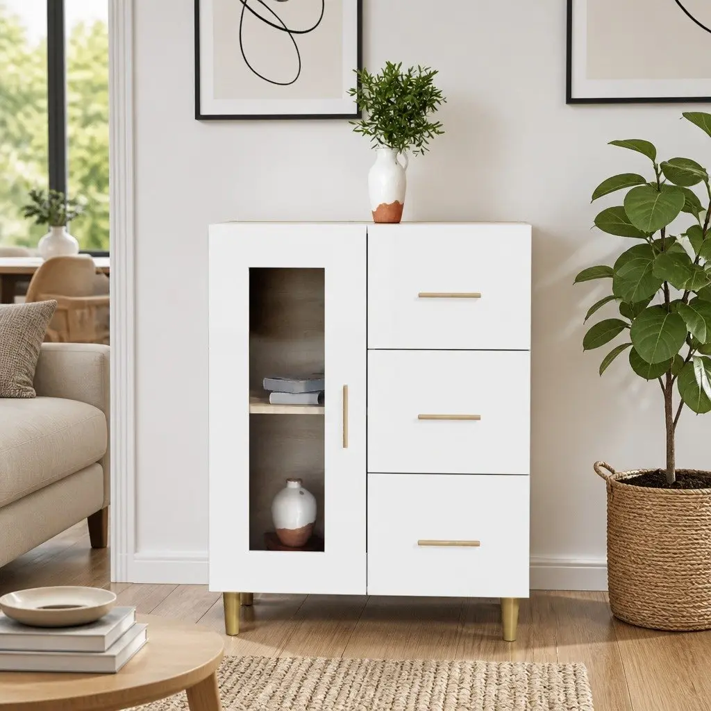 White High Gloss Sideboard Storage Cabinet with Glass Door Drawers Engineered