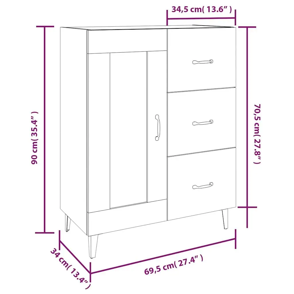 Sideboard Cabinet Storage Buffet Engineered Wood Living Room White 69.5W x 34D x 90H cm