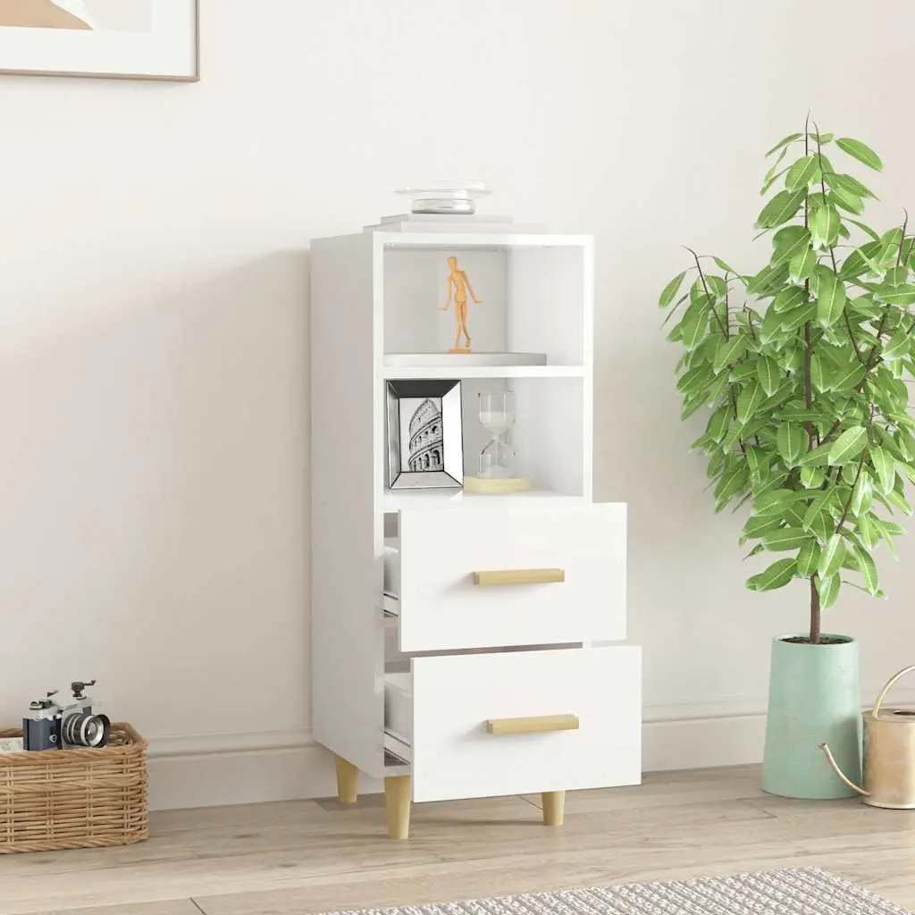 Sideboard High Gloss White Storage Cabinet 2 Drawers 2 Shelves Engineered Wood