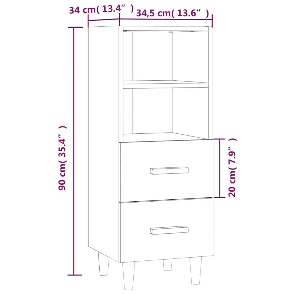 Sideboard High Gloss White Storage Cabinet 2 Drawers 2 Shelves Engineered Wood