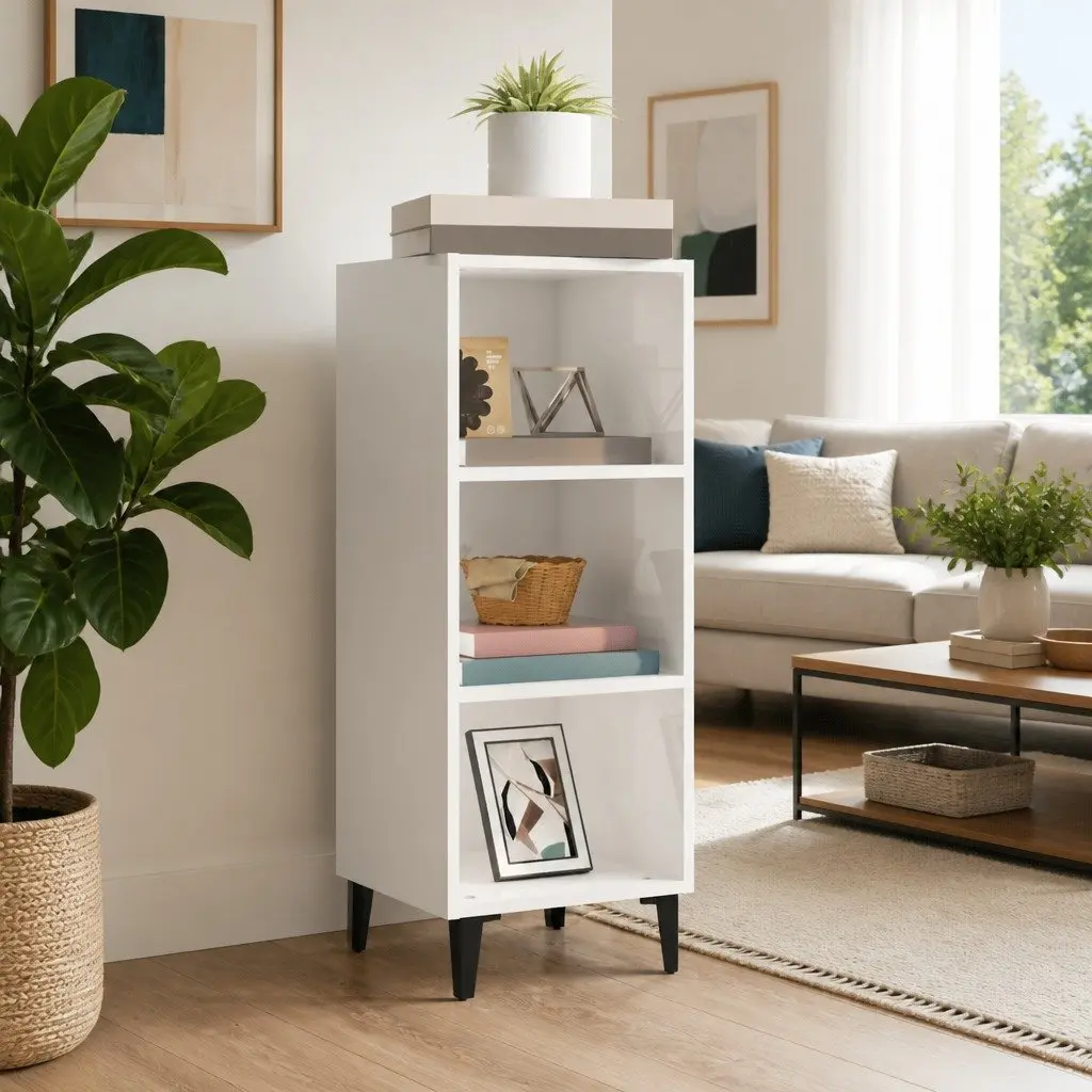 White Sideboard Cabinet 34.5x32.5x90cm High Gloss Storage Buffet 3 Compartments