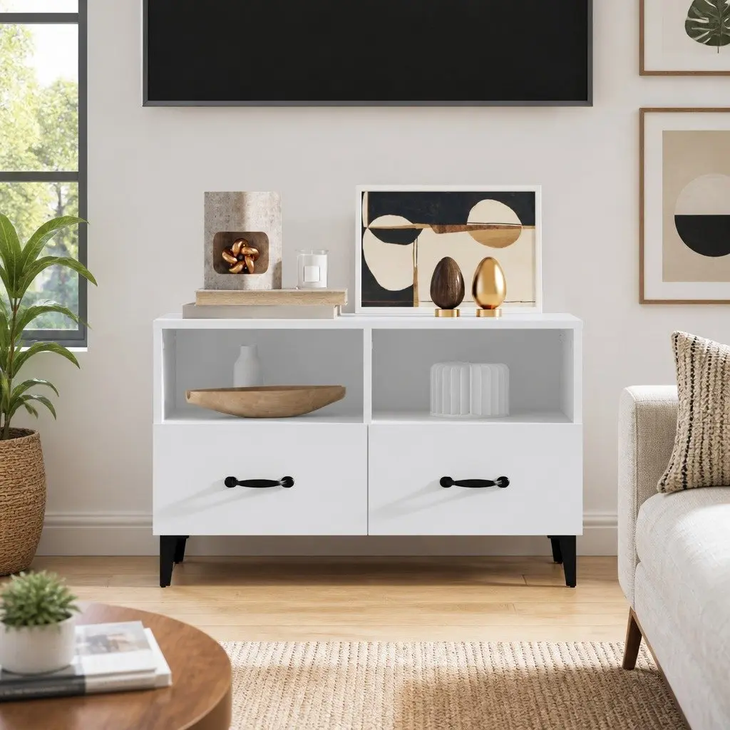 TV Cabinet Media Unit Storage Drawers Compartments 80 x 36 x 50 cm White