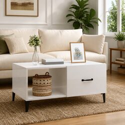 Coffee Table White High Gloss Storage Modern Living Room Accent Furniture
