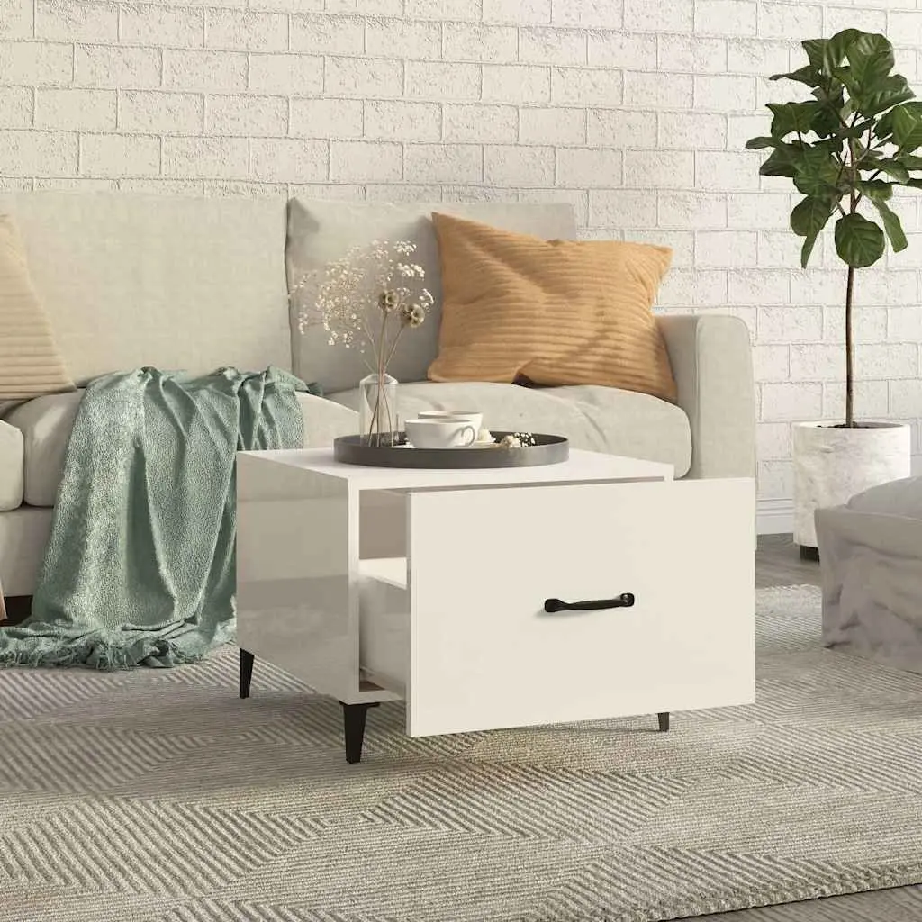 Coffee Tables with Metal Legs 2 pcs High Gloss White Side Table Drawers