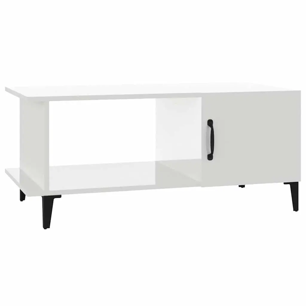Coffee Table High Gloss White with Storage Compartment Shelf Metal Legs