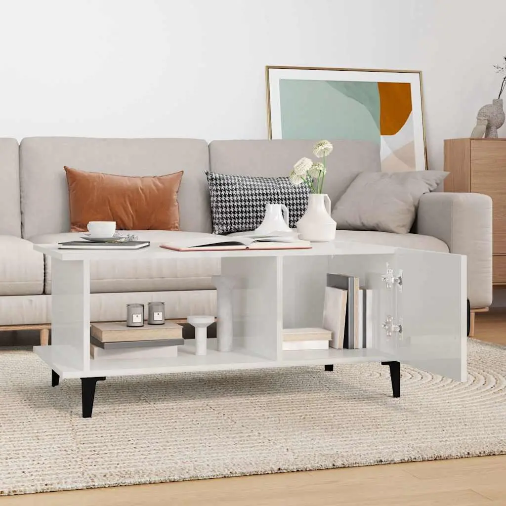 Coffee Table High Gloss White with Storage Compartment Shelf Metal Legs