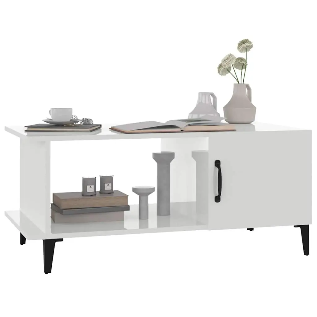 Coffee Table High Gloss White with Storage Compartment Shelf Metal Legs