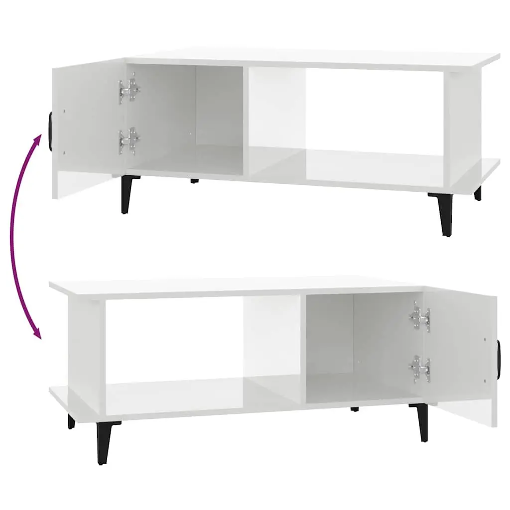 Coffee Table High Gloss White with Storage Compartment Shelf Metal Legs