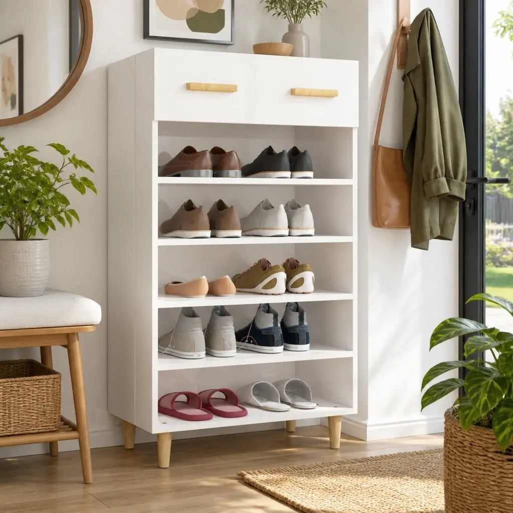Shoe Cabinet Organiser White Tall Storage 5 Compartments 1 Drawer