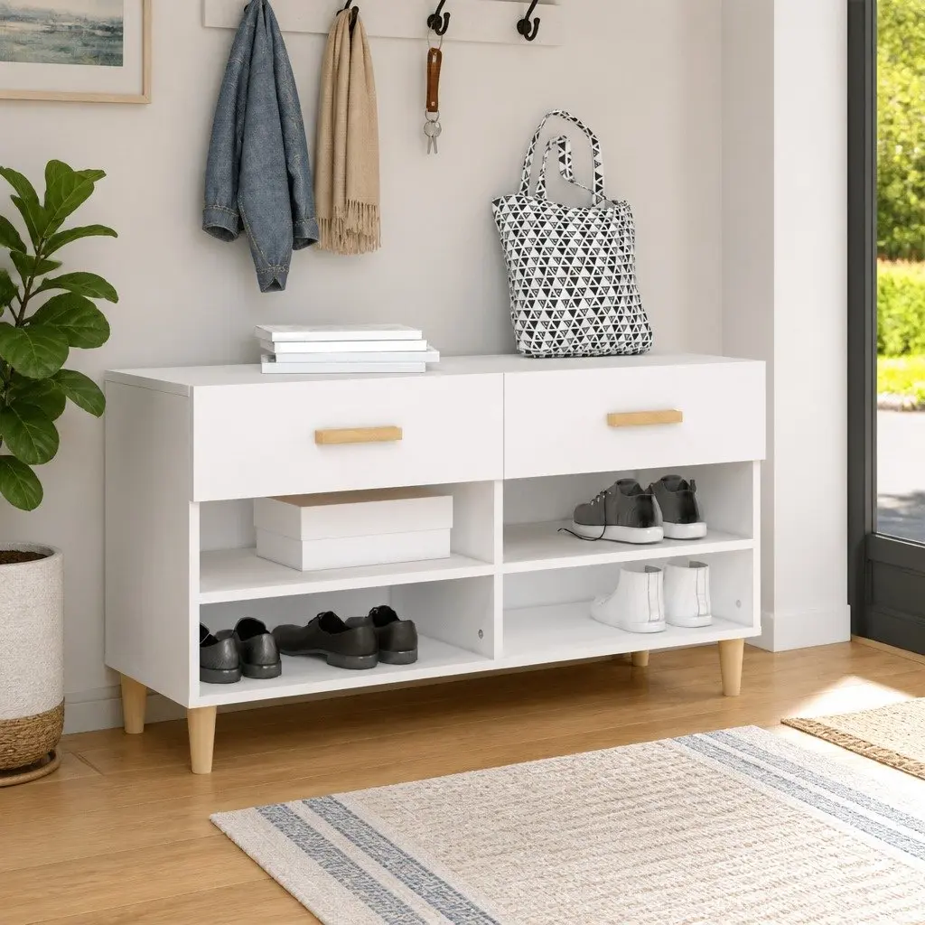 Shoe Cabinet Storage Organiser 2 Drawers 4 Compartments White