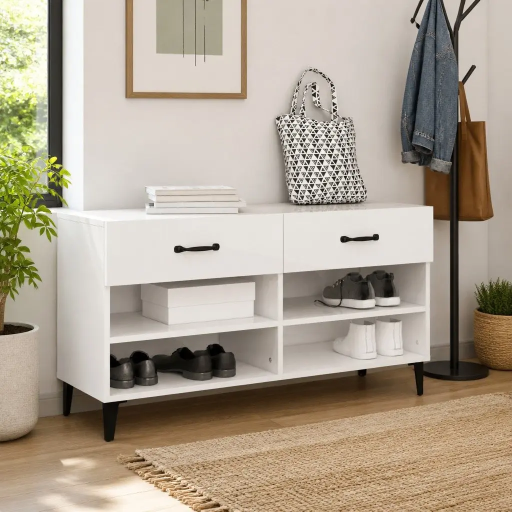Shoe Cabinet Storage Organiser 2 Drawers High Gloss White Engineered Wood