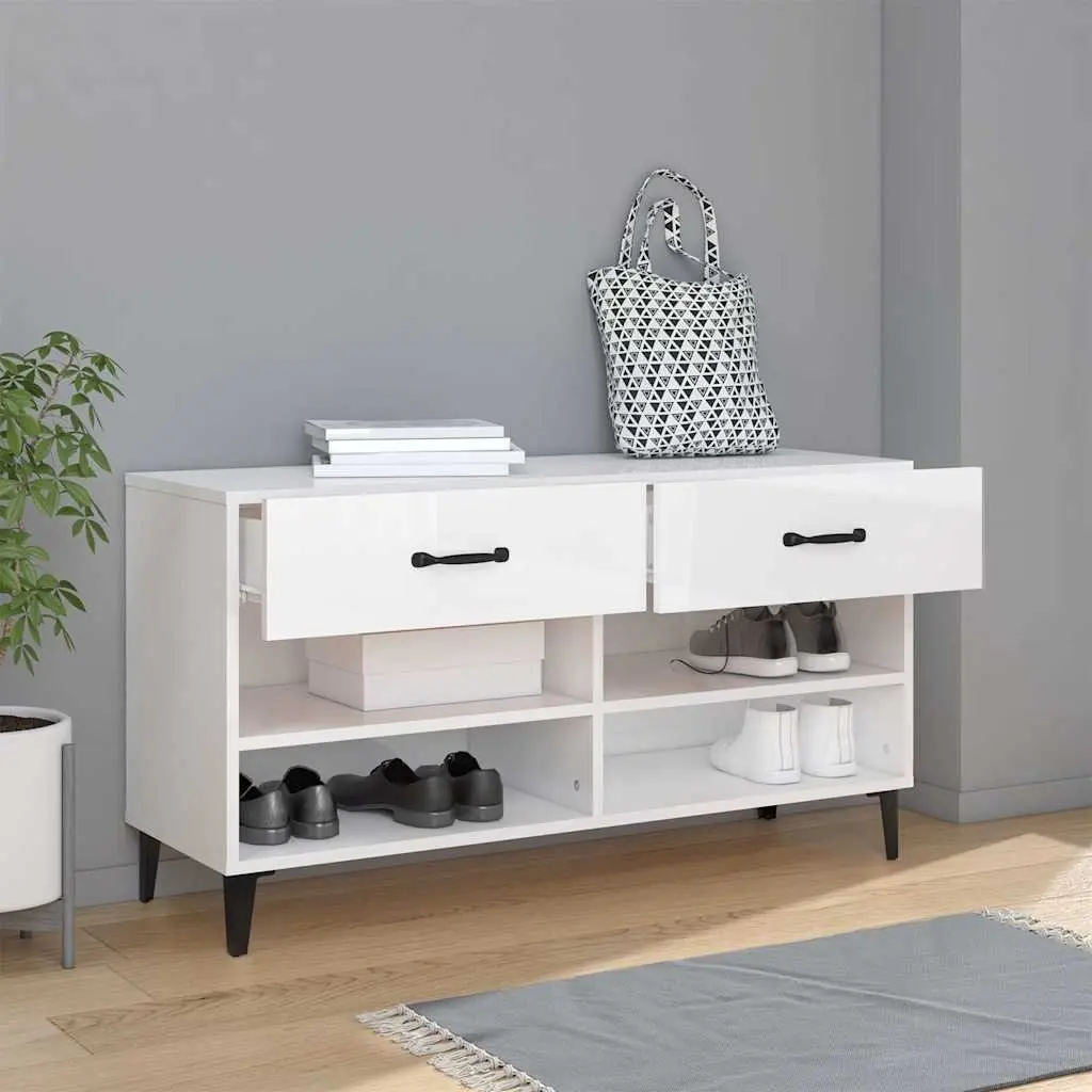 Shoe Cabinet Storage Organiser 2 Drawers High Gloss White Engineered Wood
