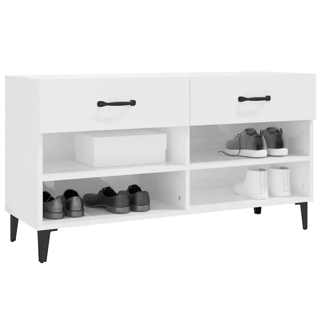 Shoe Cabinet Storage Organiser 2 Drawers High Gloss White Engineered Wood
