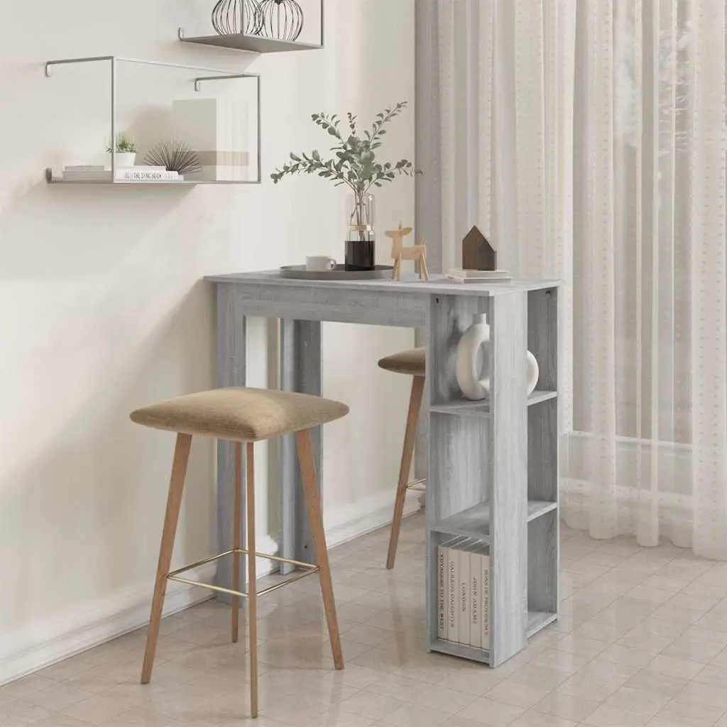 Bar Table with Storage Shelves Grey Compact Kitchen Dining Room Furniture