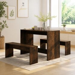 Durable 3 Piece Dining Set with Benches - Brown