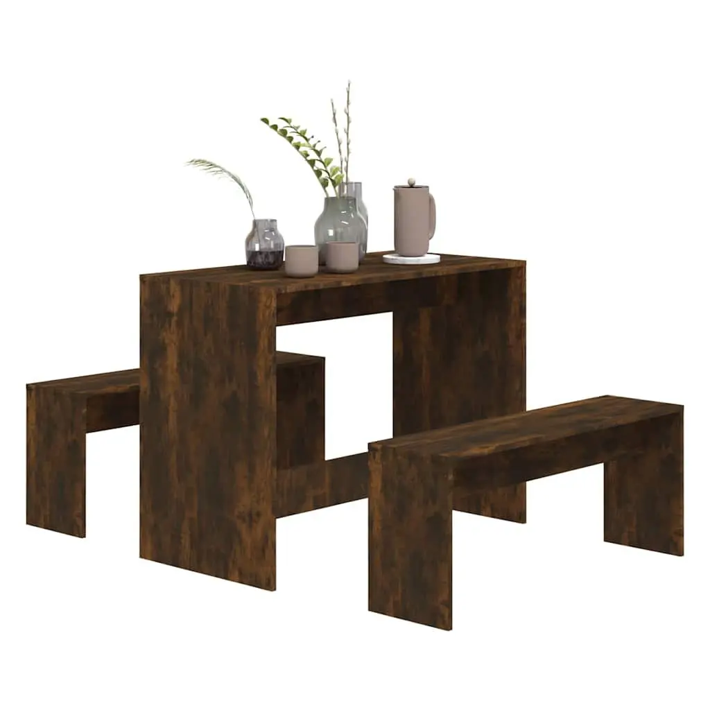 3 Piece Dining Set with Benches Modern Kitchen Table Chair Furniture Brown