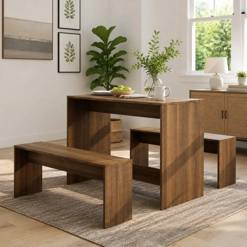 3 Piece Dining Set Engineered Wood Table Bench Brown