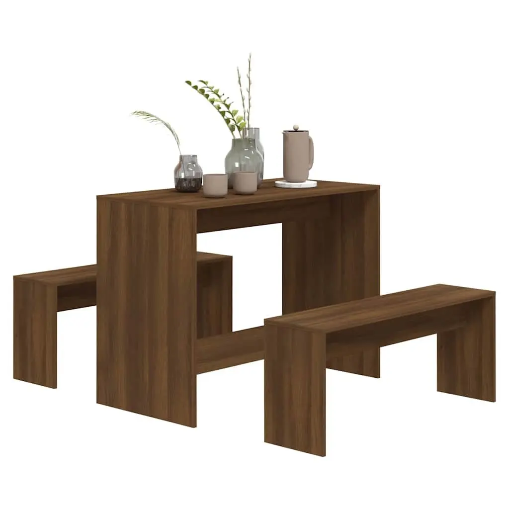 3 Piece Dining Set Engineered Wood Table Bench Brown