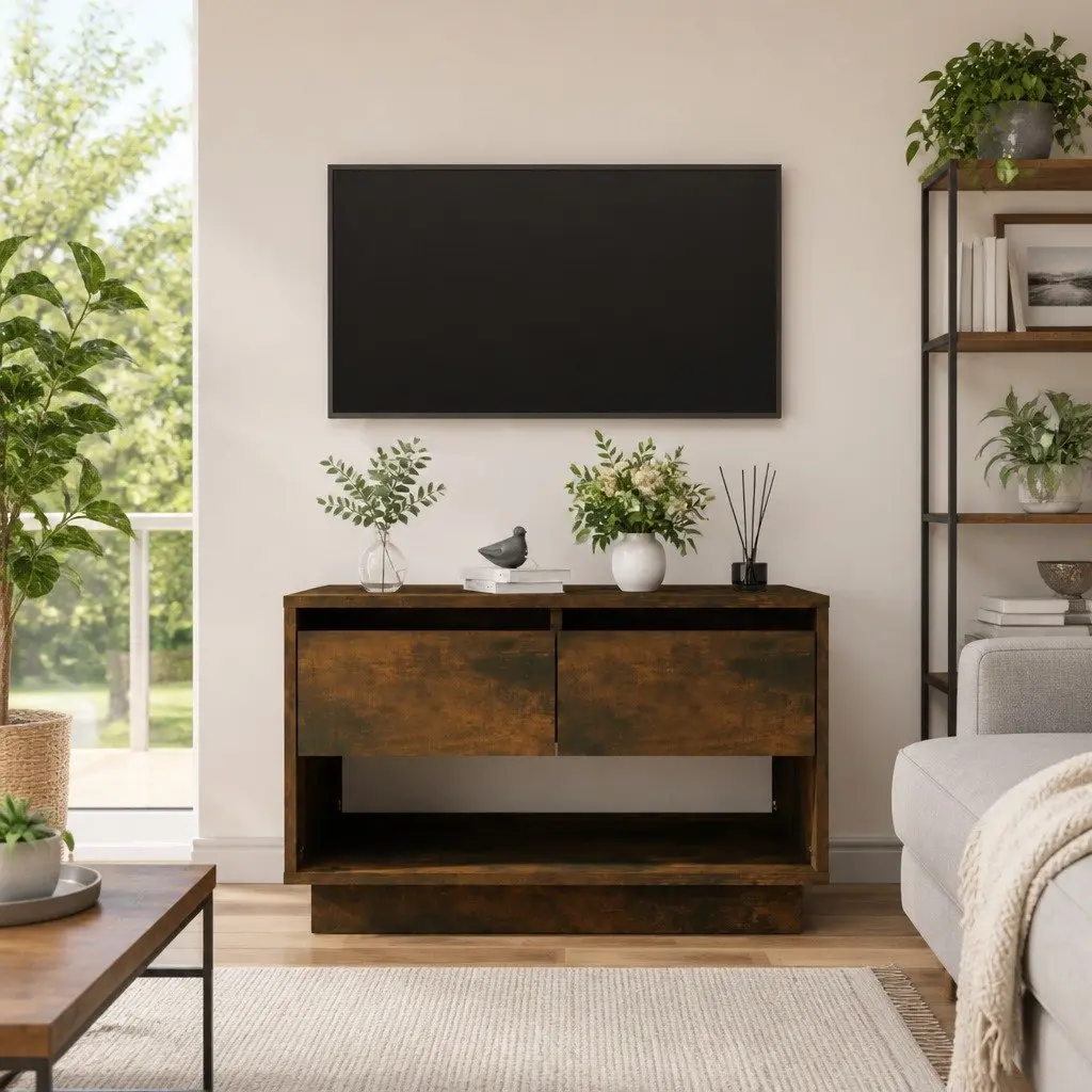 TV Cabinet Brown Living Room Storage Unit 2 Drawers Open Compartment 70 x 41 x 44 cm