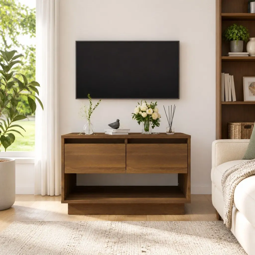 TV Cabinet Storage Unit Brown Oak Living Room 70W x 41D x 44H cm with Drawers Open Compartment