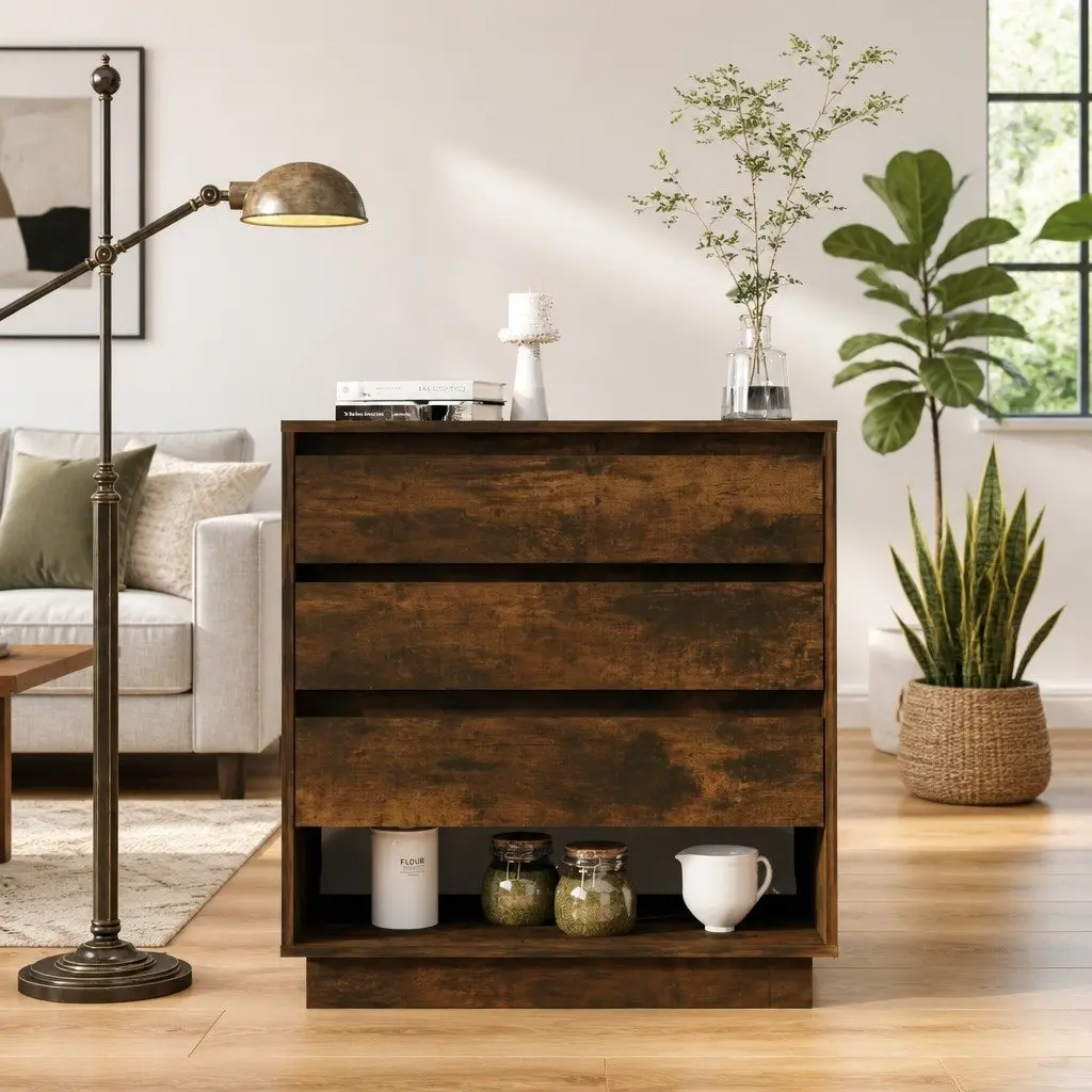 Sideboard Storage Cabinet Brown Engineered Wood 3 Drawers 1 Compartment