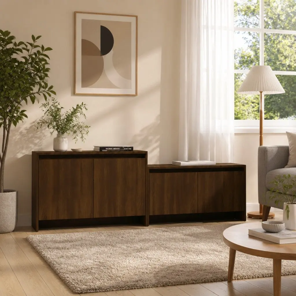 TV Cabinet Storage Unit 146.5cm Brown Engineered Wood Lowboard with 4 Doors