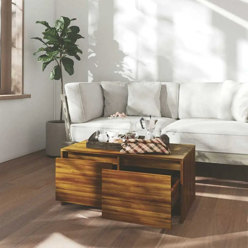 Coffee Table Brown Oak with Storage Drawers Modern Living Room Furniture