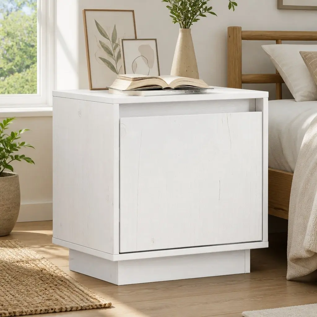 White Solid Wood Pine Nightstand for Organization