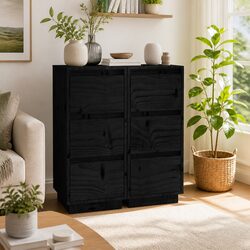 Solid Wood Sideboards 2 pcs Black Storage Cabinet Pinewood Living Room Furniture