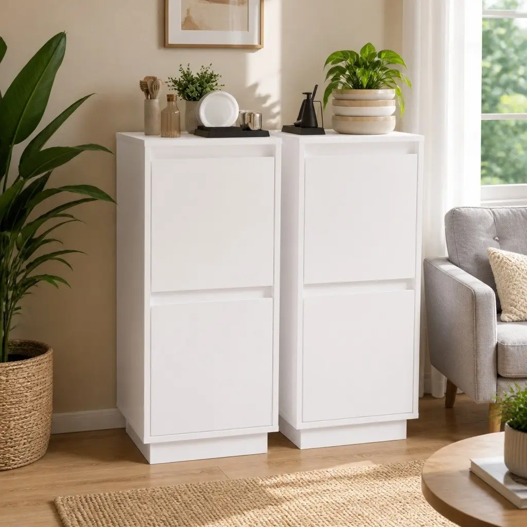 Sideboard Cabinet Set 2 Piece White Solid Wood Storage Buffet Furniture