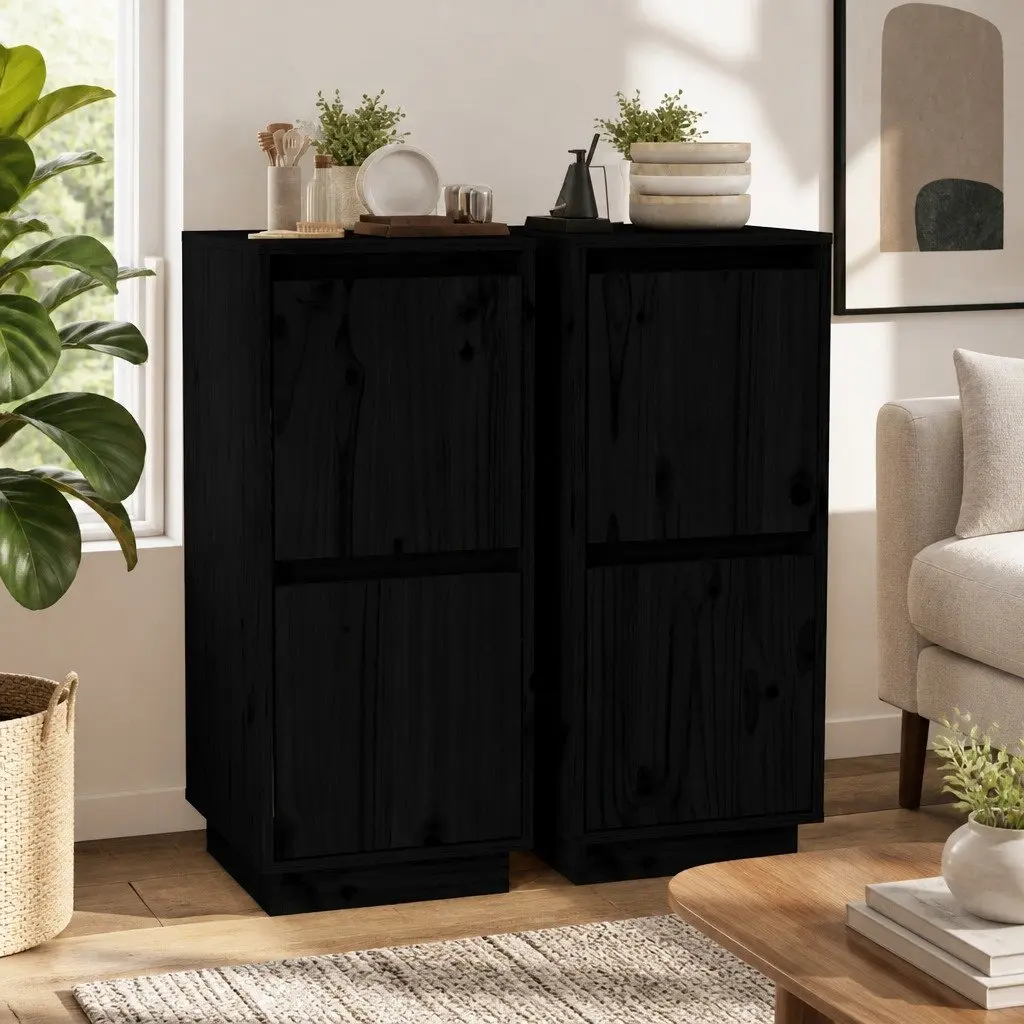 Solid Wood Sideboards Storage Cabinet 2 pcs Black 31.5 x 34 x 75 cm